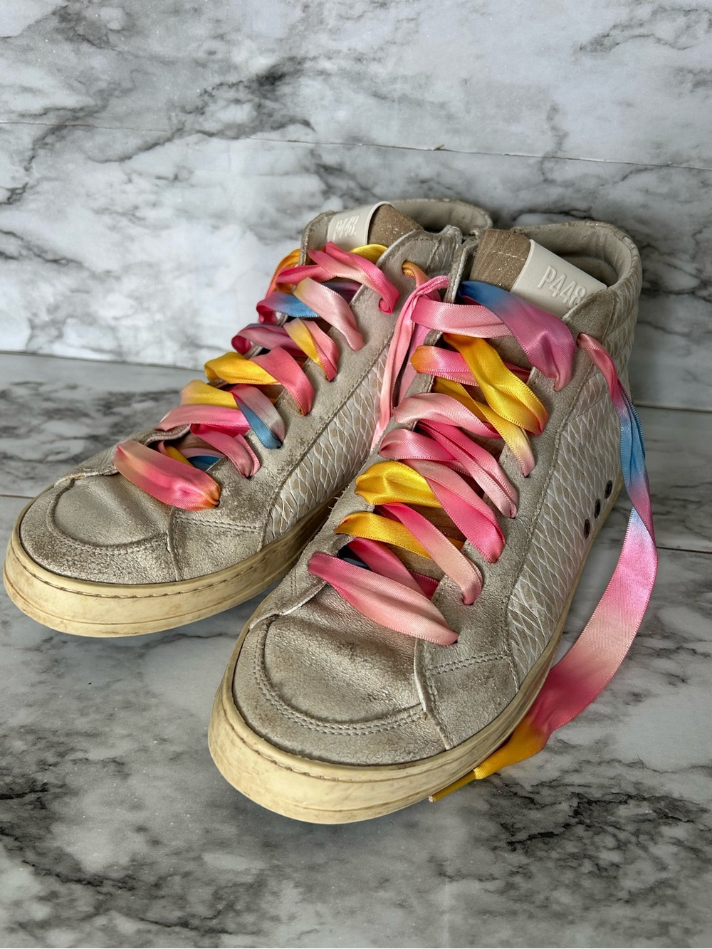 P448 | women’s size 7 EU 37 Skate high top sneakers rainbow laces tennis shoes
